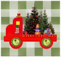 Bright Red Christmas Truck, Merry Christmas, Christmas trees,stocking,gifts,bells and candy canes