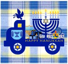 Hanukkah Truck, Peace and Joy, Blue, white , yellow, Menorah, dreidles, Jewish star of DavidPlaid background