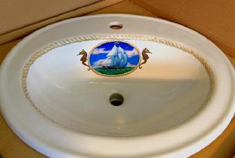 custom Hand-Painted Nautical Sink with Trompe-L'oeil Rope, Ship at Sea and Sea Horses