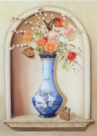 Note Cards,Blue Willow Vase, Bouquet, Butterflies, trompe-l'oeil niche