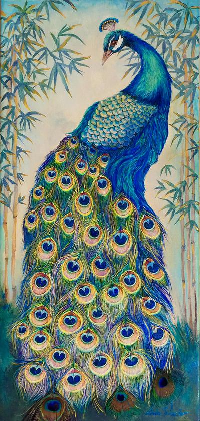 Peacock Painting Stylized in Acrylics and Gouache