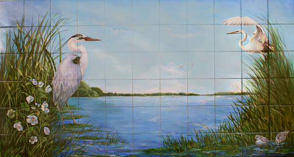 Hand-painted egret water birds art on porcelain tile