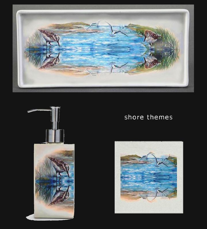 Custom Hand-Painted Shore Themed Bath Tray, Dispenser, and  Accent Tile
